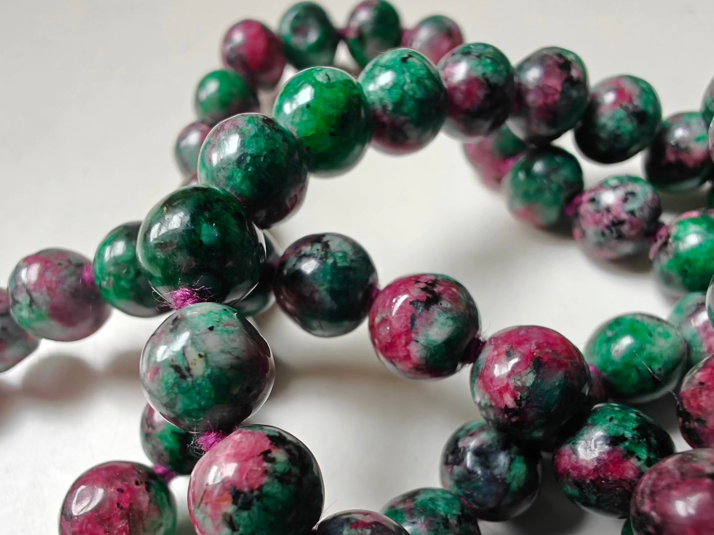 108 bead 8mm Ruby-Zoisite (aka Anyolite) Mala on dark grape coloured thread - Image 8