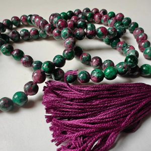 108 bead 8mm Ruby-Zoisite (aka Anyolite) Mala on dark grape coloured thread