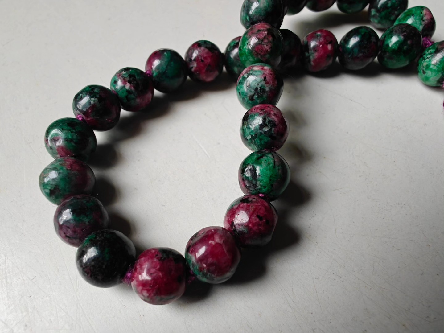 27 bead 8mm Ruby-Zoisite (aka Anyolite) Mala on dark grape coloured thread - Image 6