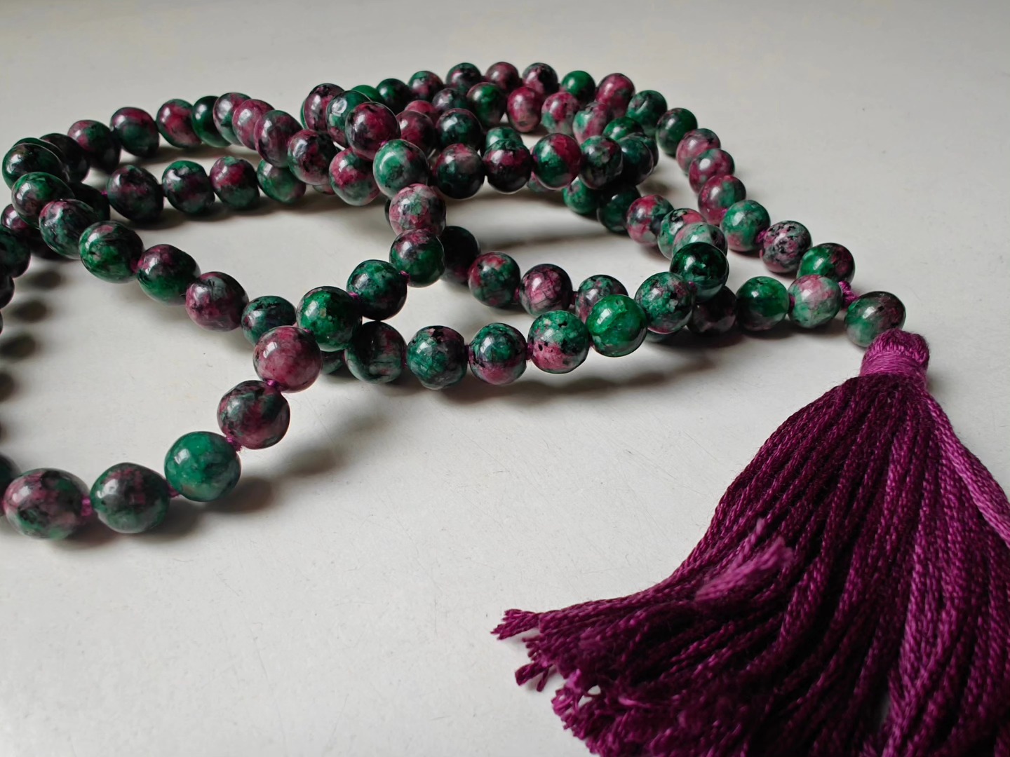 108 bead 8mm Ruby-Zoisite (aka Anyolite) Mala on dark grape coloured thread - Image 4