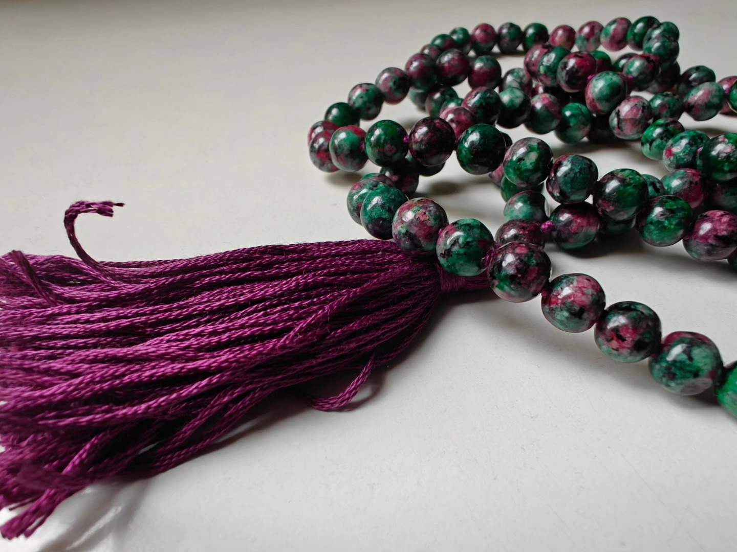 108 bead 8mm Ruby-Zoisite (aka Anyolite) Mala on dark grape coloured thread - Image 7