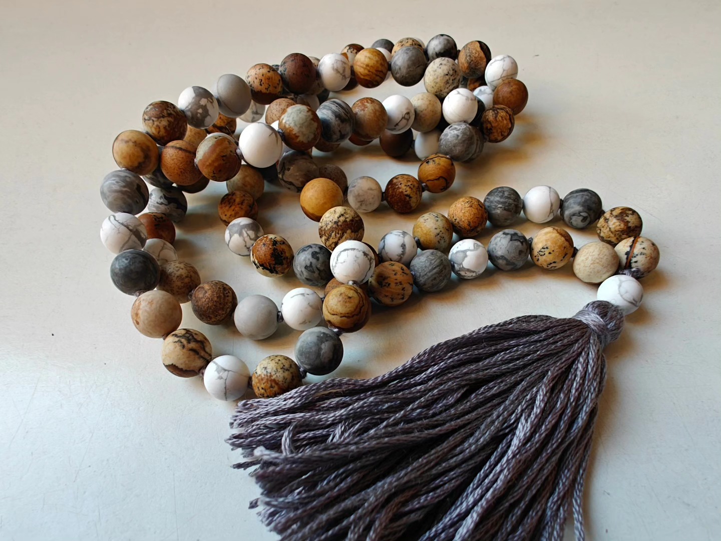 108 bead 8mm Matte Brown & Grey Picture Jasper & Howlite Mala - Image 4