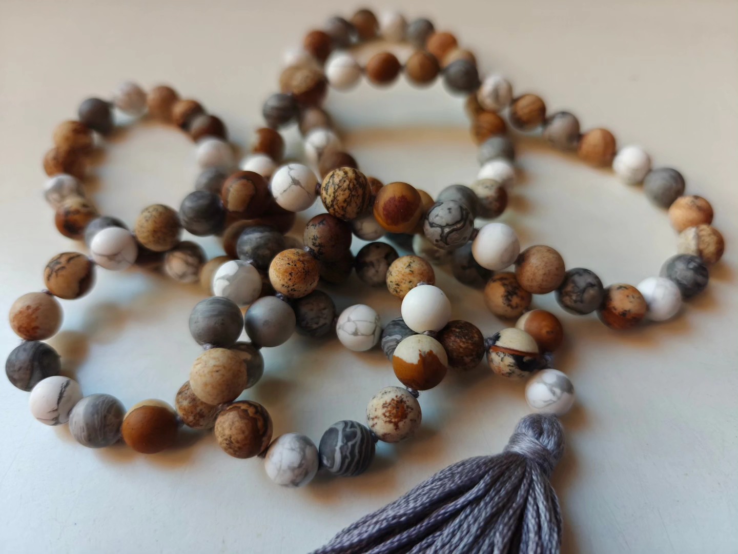 108 bead 8mm Matte Brown & Grey Picture Jasper & Howlite Mala - Image 12
