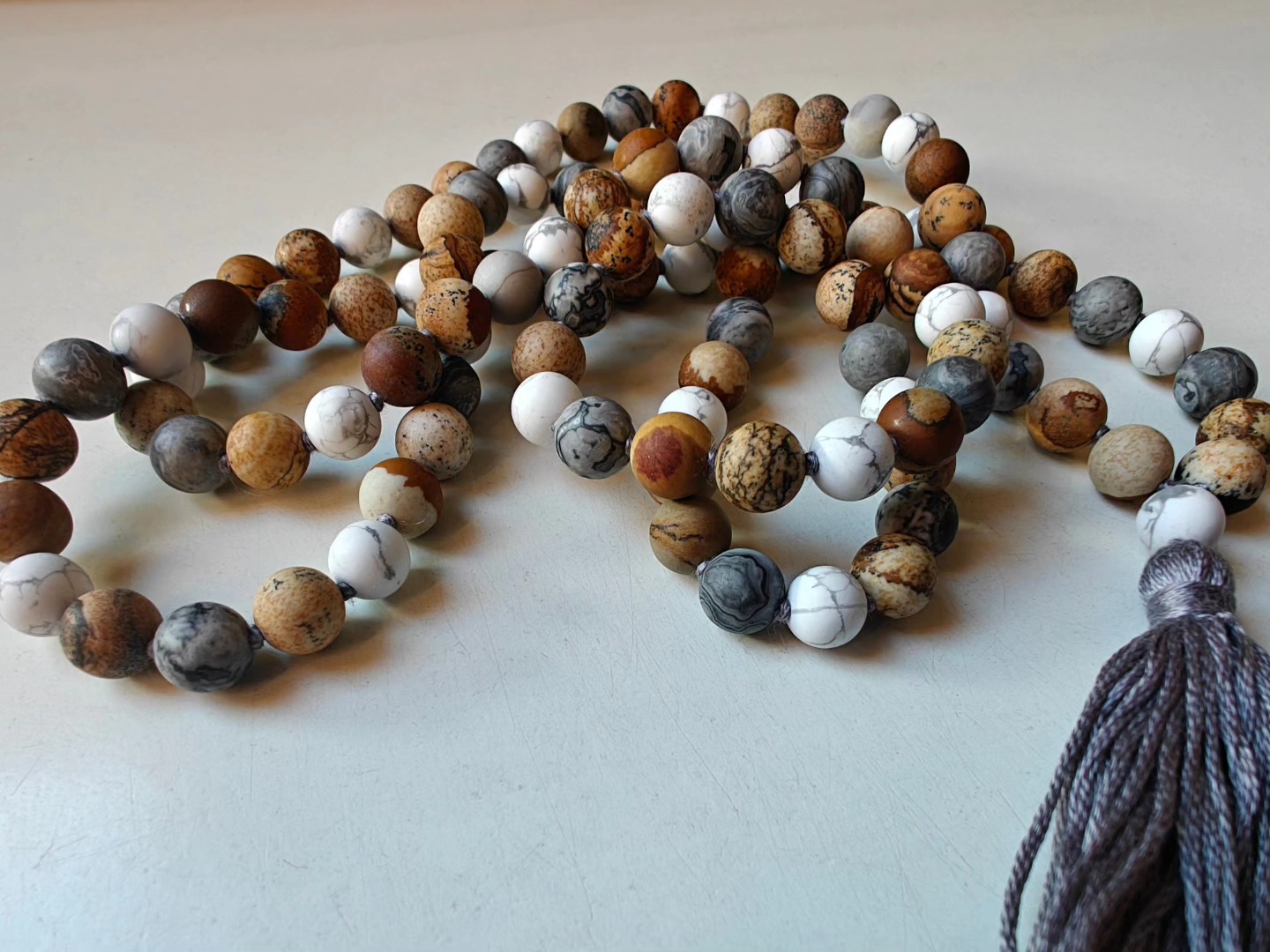 108 bead 8mm Matte Brown & Grey Picture Jasper & Howlite Mala - Image 9