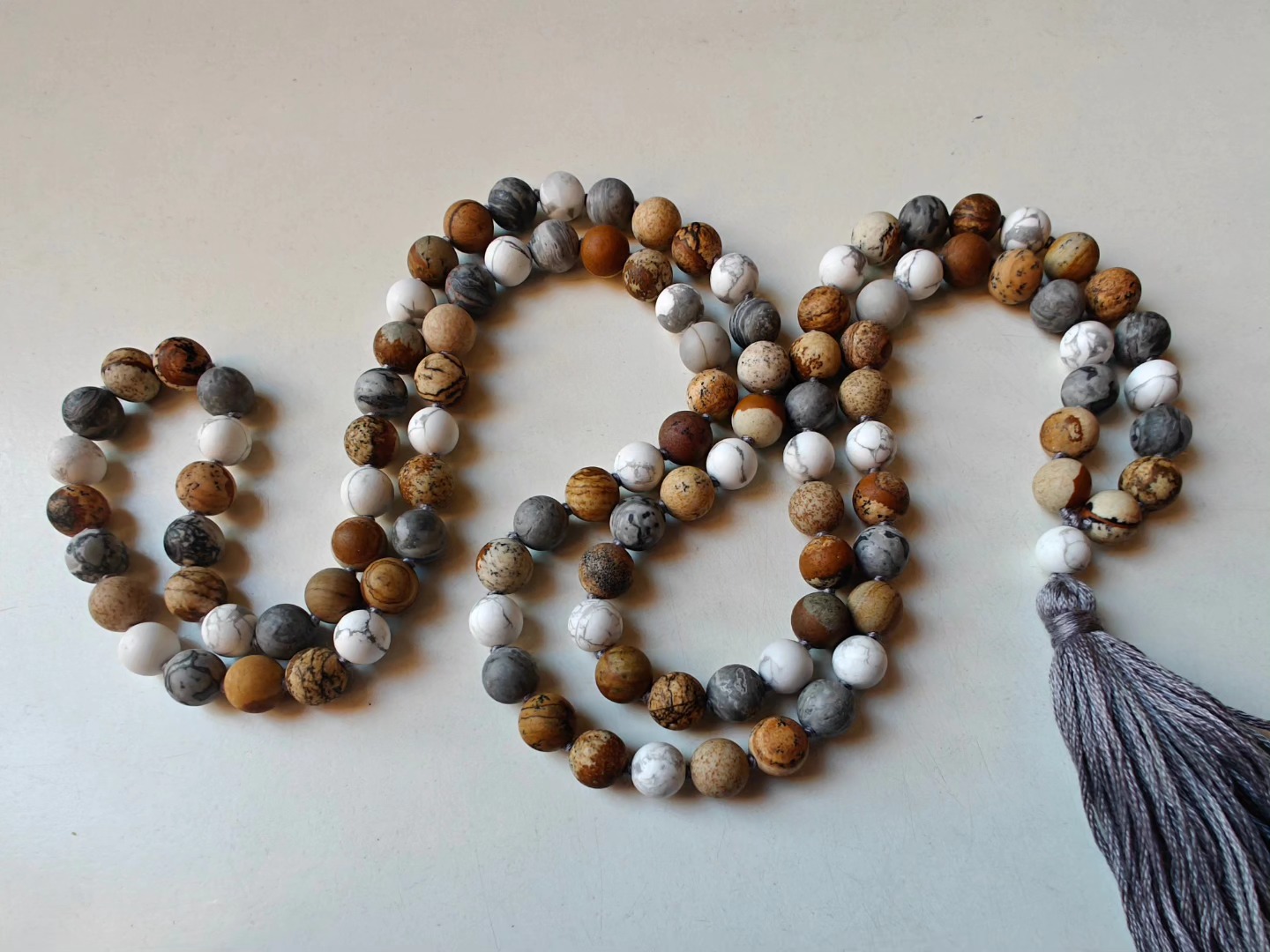 108 bead 8mm Matte Brown & Grey Picture Jasper & Howlite Mala - Image 7