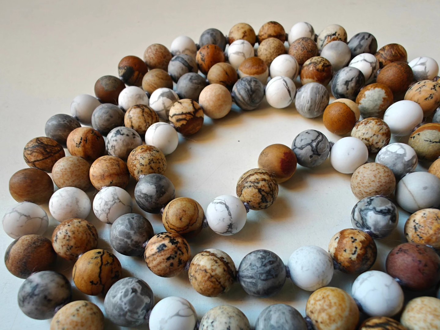 108 bead 8mm Matte Brown & Grey Picture Jasper & Howlite Mala - Image 8