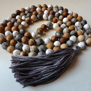 108 bead 8mm Matte Brown & Grey Picture Jasper & Howlite Mala