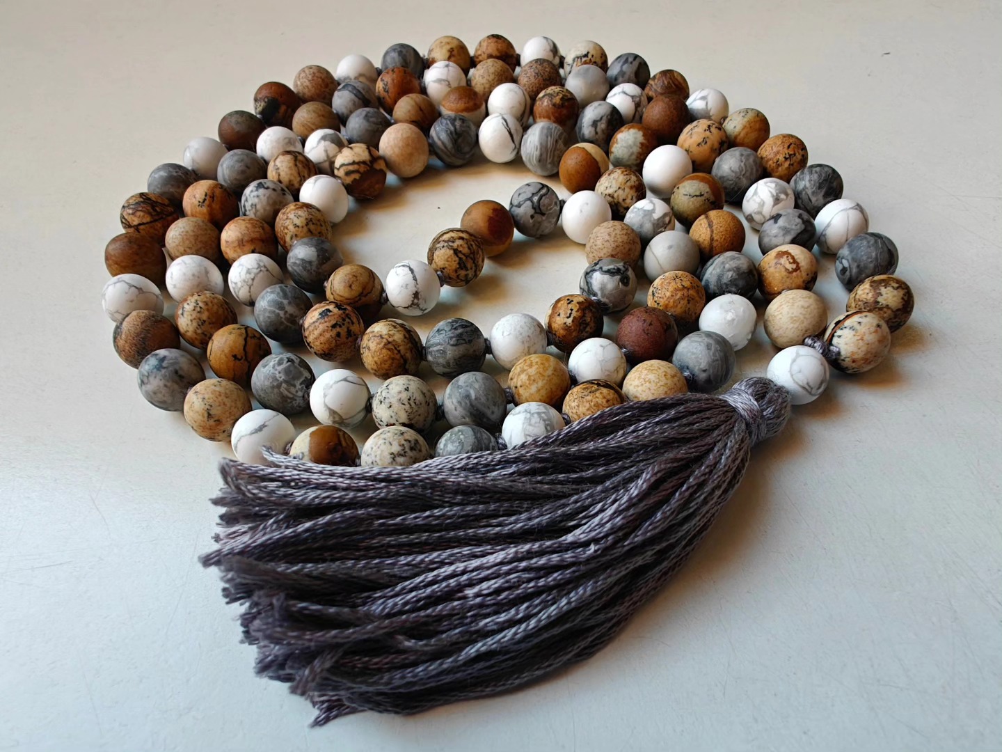 108 bead 8mm Matte Brown & Grey Picture Jasper & Howlite Mala