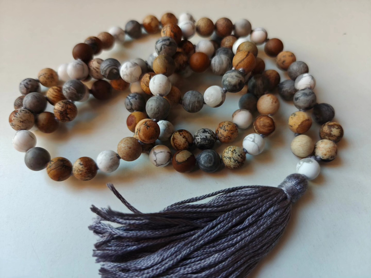 108 bead 8mm Matte Brown & Grey Picture Jasper & Howlite Mala - Image 10