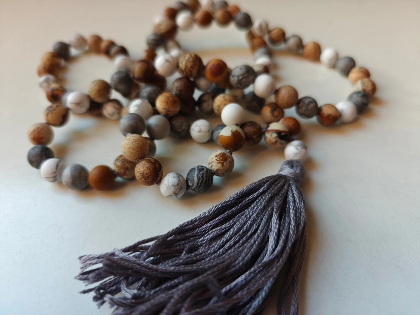108 bead 8mm Matte Brown & Grey Picture Jasper & Howlite Mala - Image 6