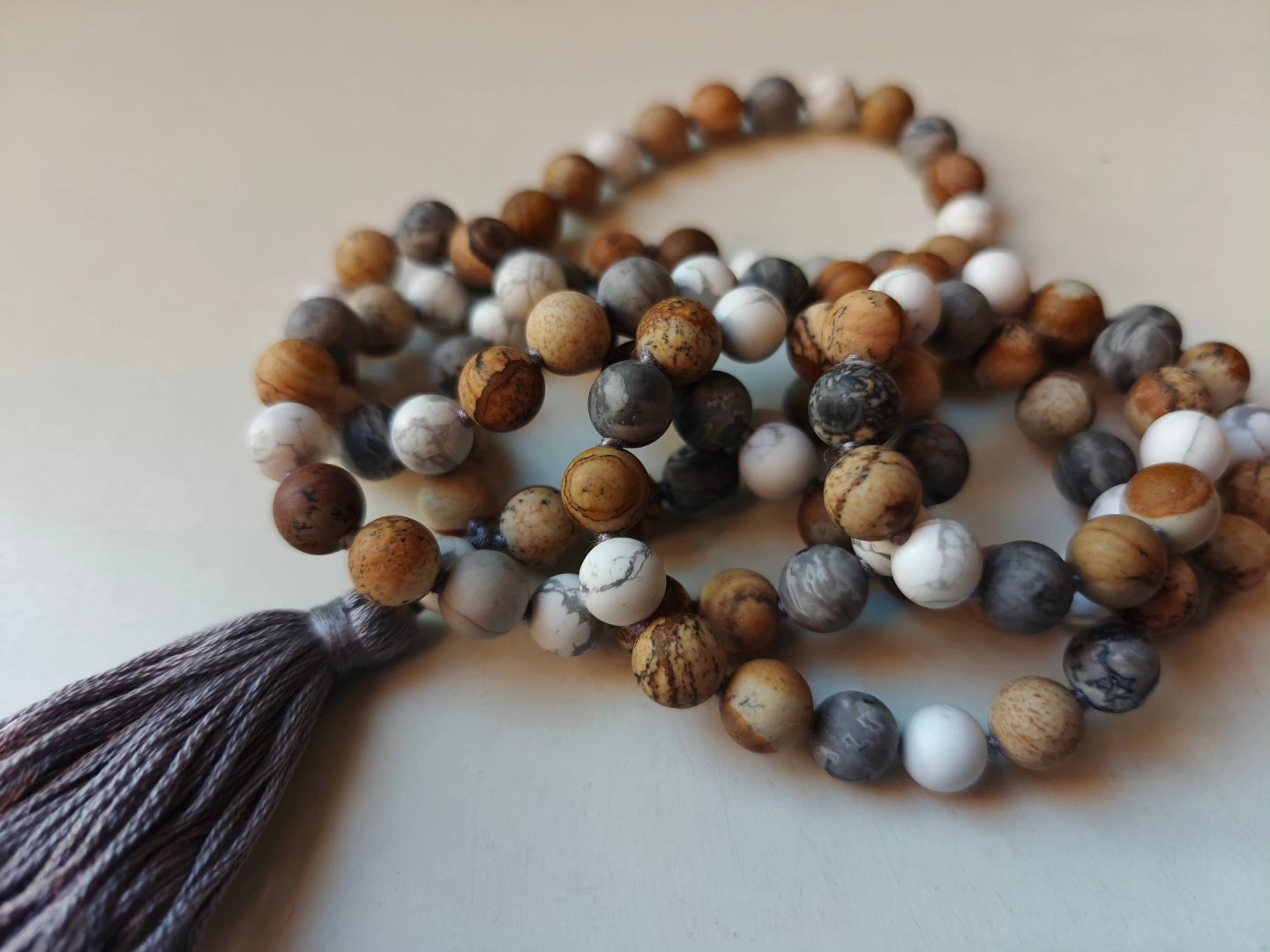 108 bead 8mm Matte Brown & Grey Picture Jasper & Howlite Mala - Image 11