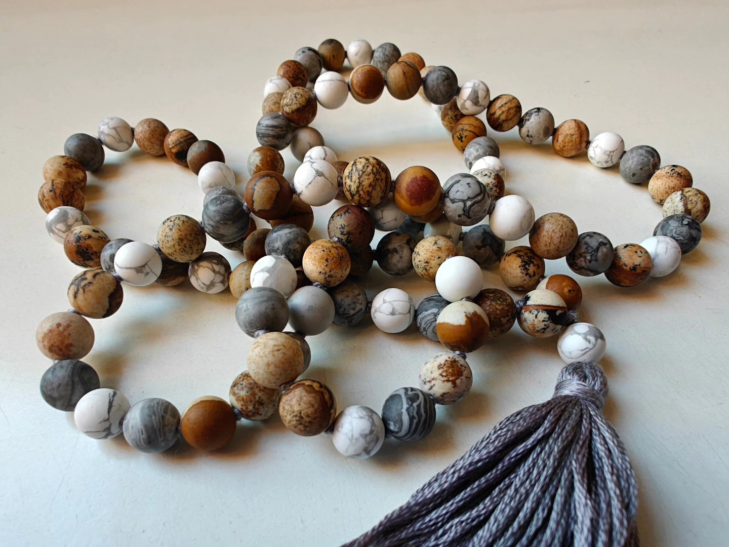 108 bead 8mm Matte Brown & Grey Picture Jasper & Howlite Mala - Image 5