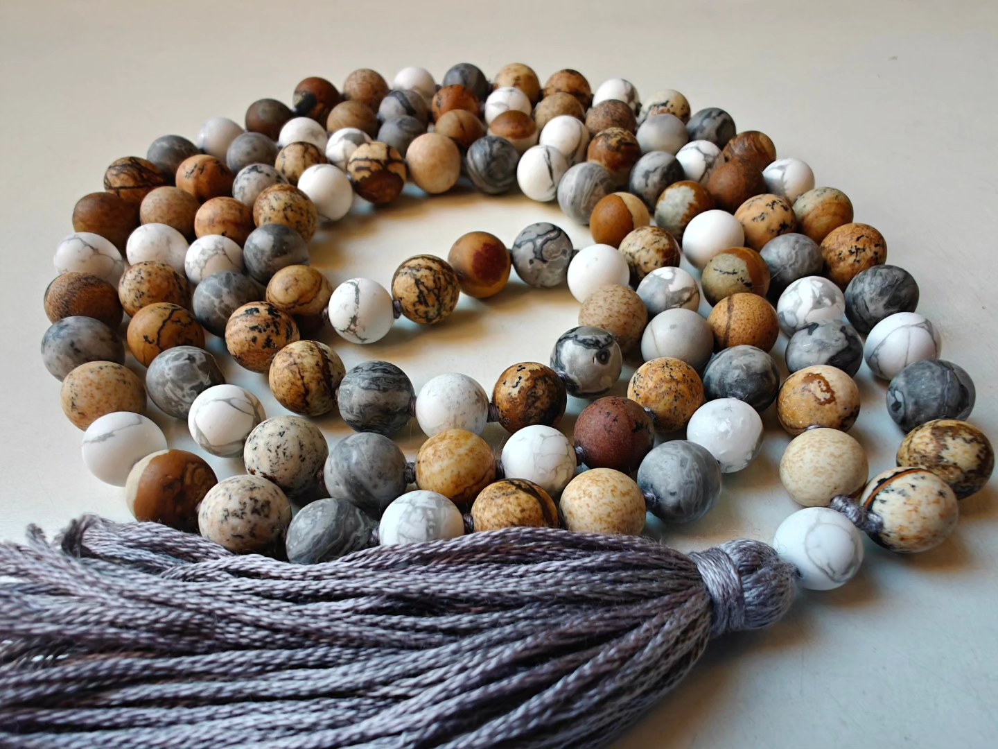 108 bead 8mm Matte Brown & Grey Picture Jasper & Howlite Mala - Image 3