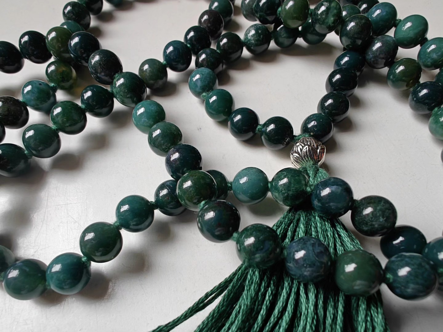 108 bead 8mm opaque Moss Agate Mala with Sterling Silver Lotus Guru Bead - Image 6