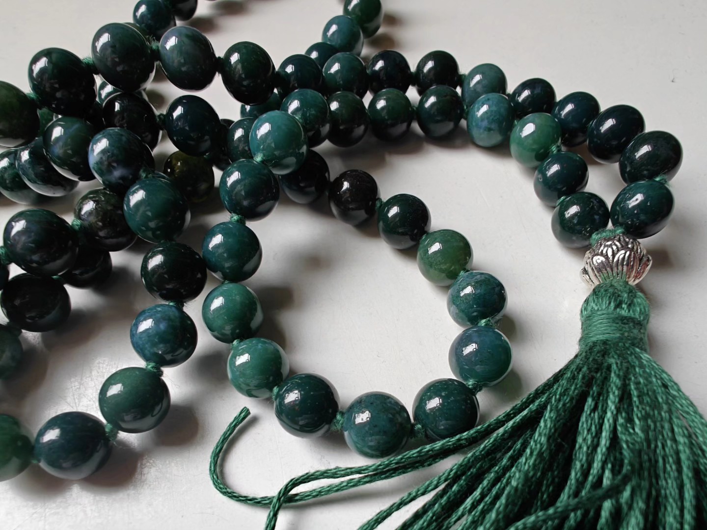 108 bead 8mm opaque Moss Agate Mala with Sterling Silver Lotus Guru Bead - Image 8