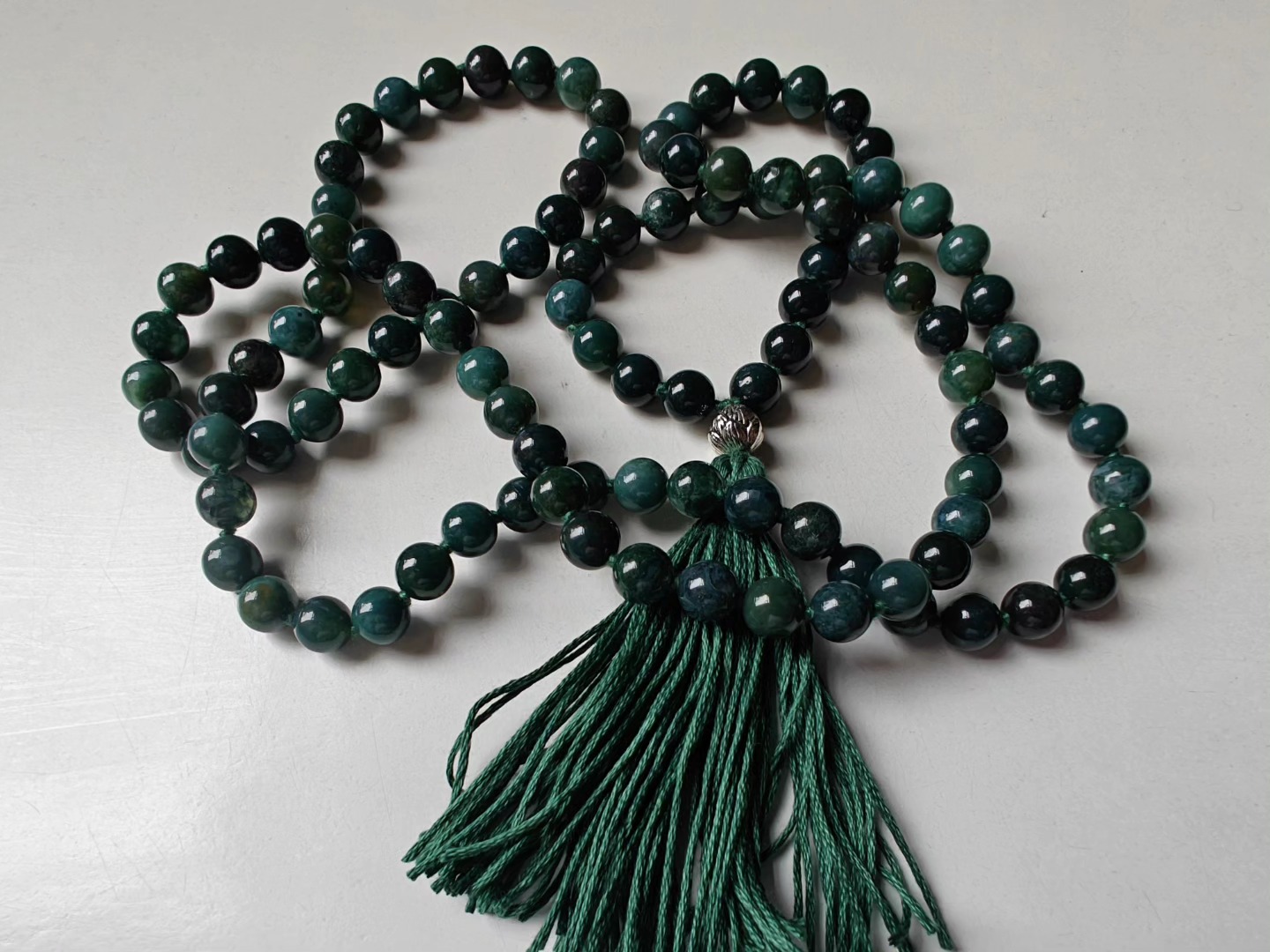 108 bead 8mm opaque Moss Agate Mala with Sterling Silver Lotus Guru Bead - Image 2