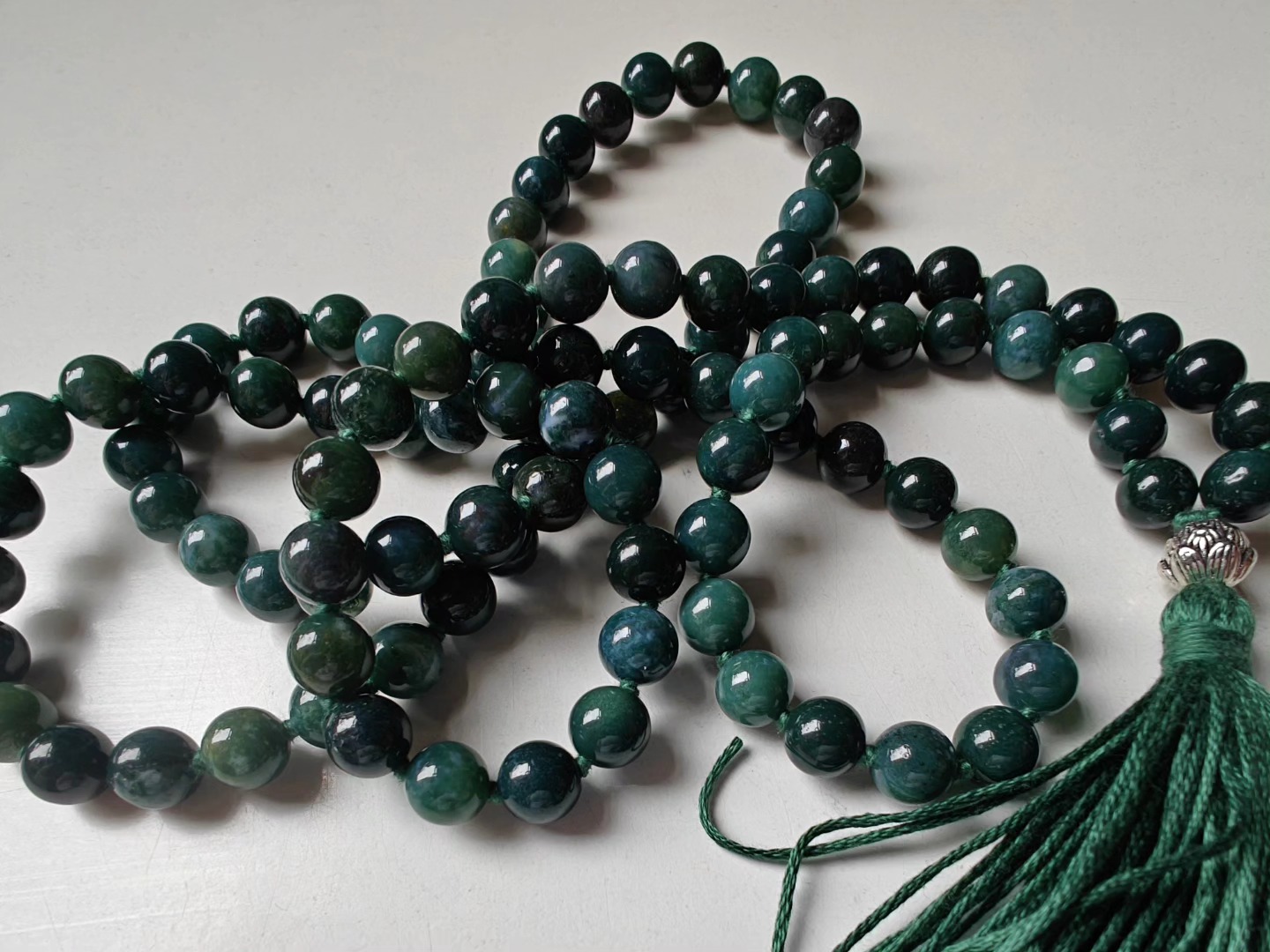 108 bead 8mm opaque Moss Agate Mala with Sterling Silver Lotus Guru Bead - Image 7