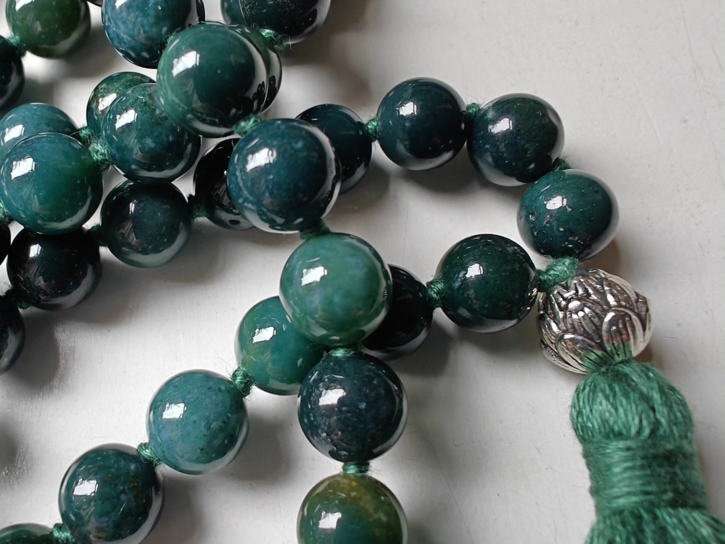 108 bead 8mm opaque Moss Agate Mala with Sterling Silver Lotus Guru Bead - Image 9
