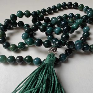 108 bead 8mm opaque Moss Agate Mala with Sterling Silver Lotus Guru Bead