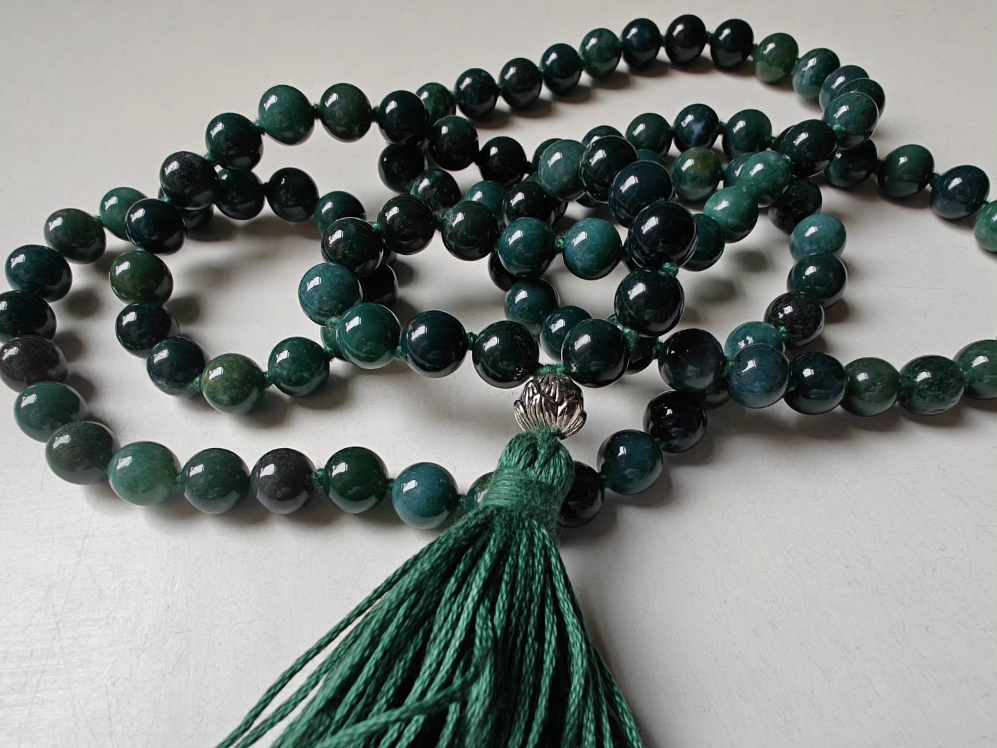 108 bead 8mm opaque Moss Agate Mala with Sterling Silver Lotus Guru Bead