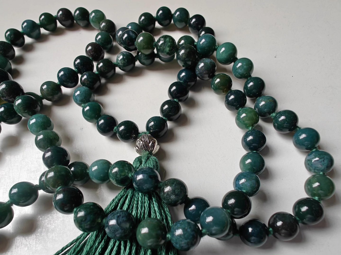 108 bead 8mm opaque Moss Agate Mala with Sterling Silver Lotus Guru Bead - Image 4