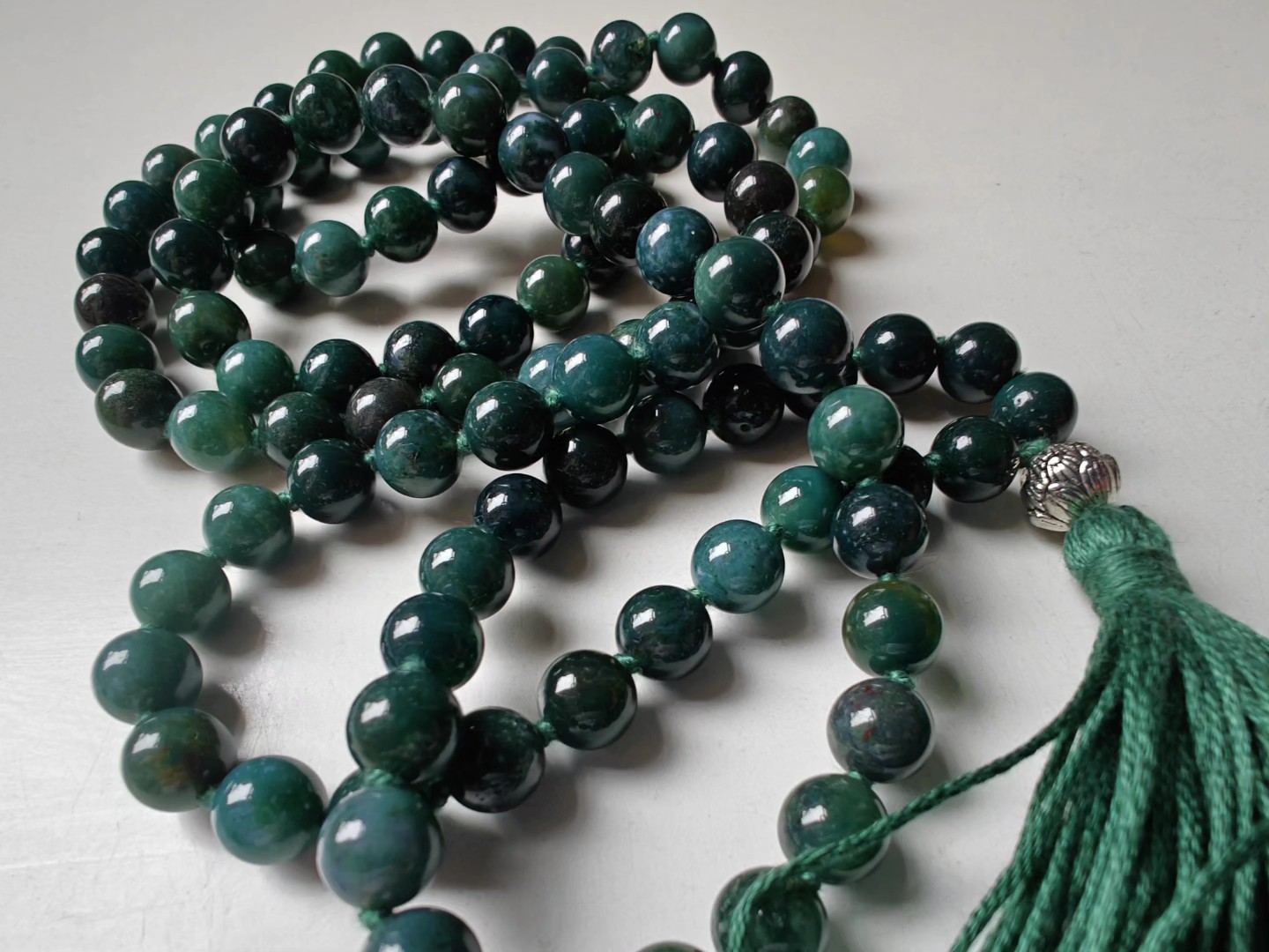 108 bead 8mm opaque Moss Agate Mala with Sterling Silver Lotus Guru Bead - Image 10