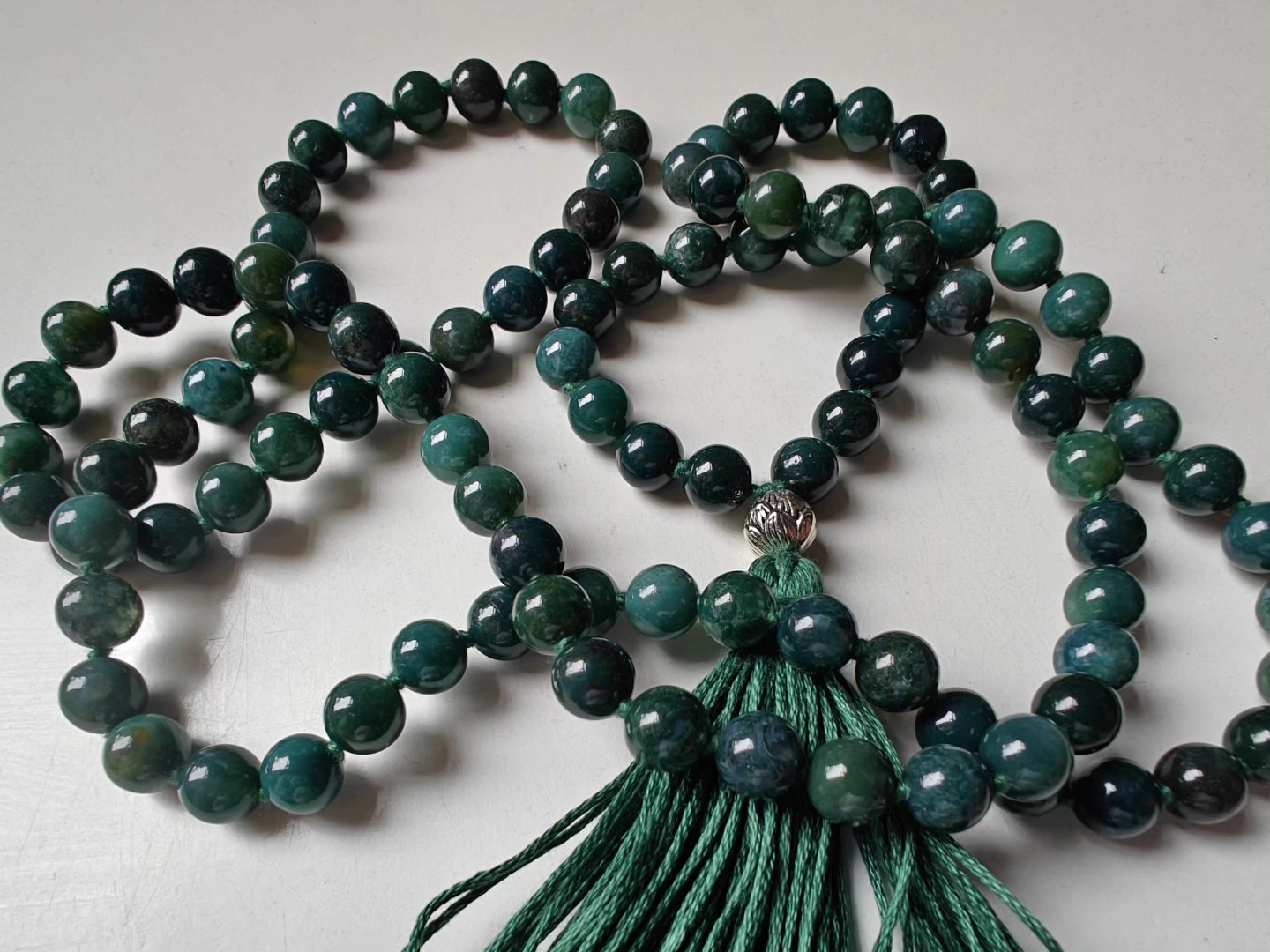 108 bead 8mm opaque Moss Agate Mala with Sterling Silver Lotus Guru Bead - Image 5