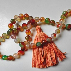 54 bead 8mm Peacock Agate Mala on orange thread