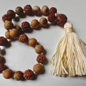 27 bead 8mm Matte Picture Jasper & Rudraksha Seed (5 mukhi) Mala on cream thread