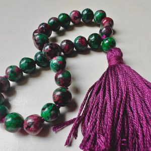 27 bead 8mm Ruby-Zoisite (aka Anyolite) Mala on purple grape coloured thread