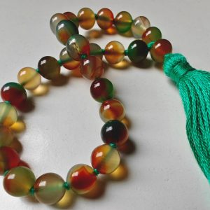 27 bead 8mm Peacock Agate Mala on sea green thread
