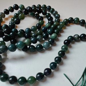 108 bead 8mm Moss Agate Mala with Sterling Silver Lotus Guru Bead - slightly lower grade