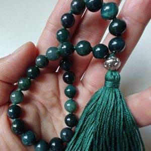 27 bead 8mm opaque Moss Agate Mala with Sterling Silver Lotus Guru Bead
