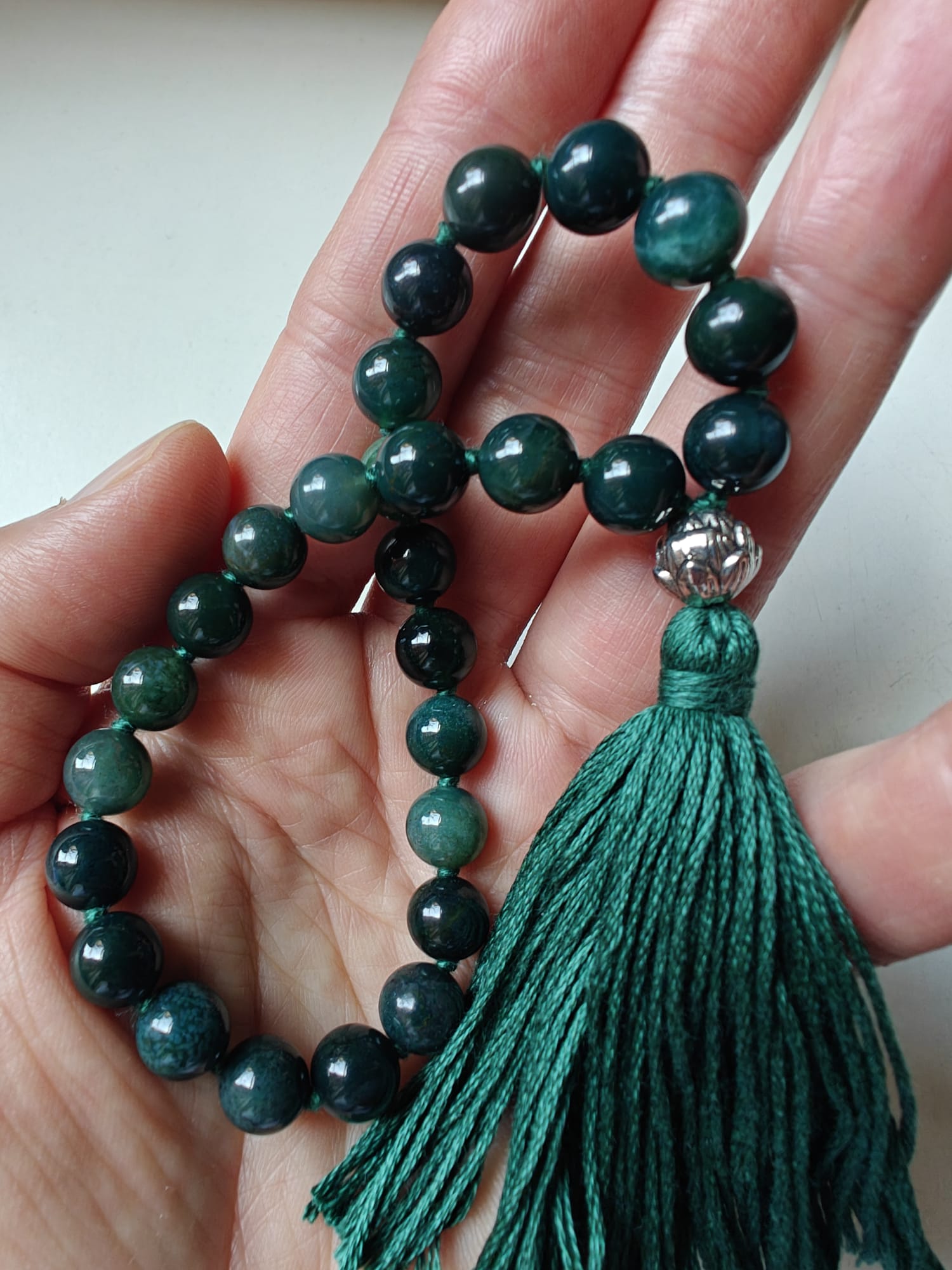 27 bead 8mm opaque Moss Agate Mala with Sterling Silver Lotus Guru Bead