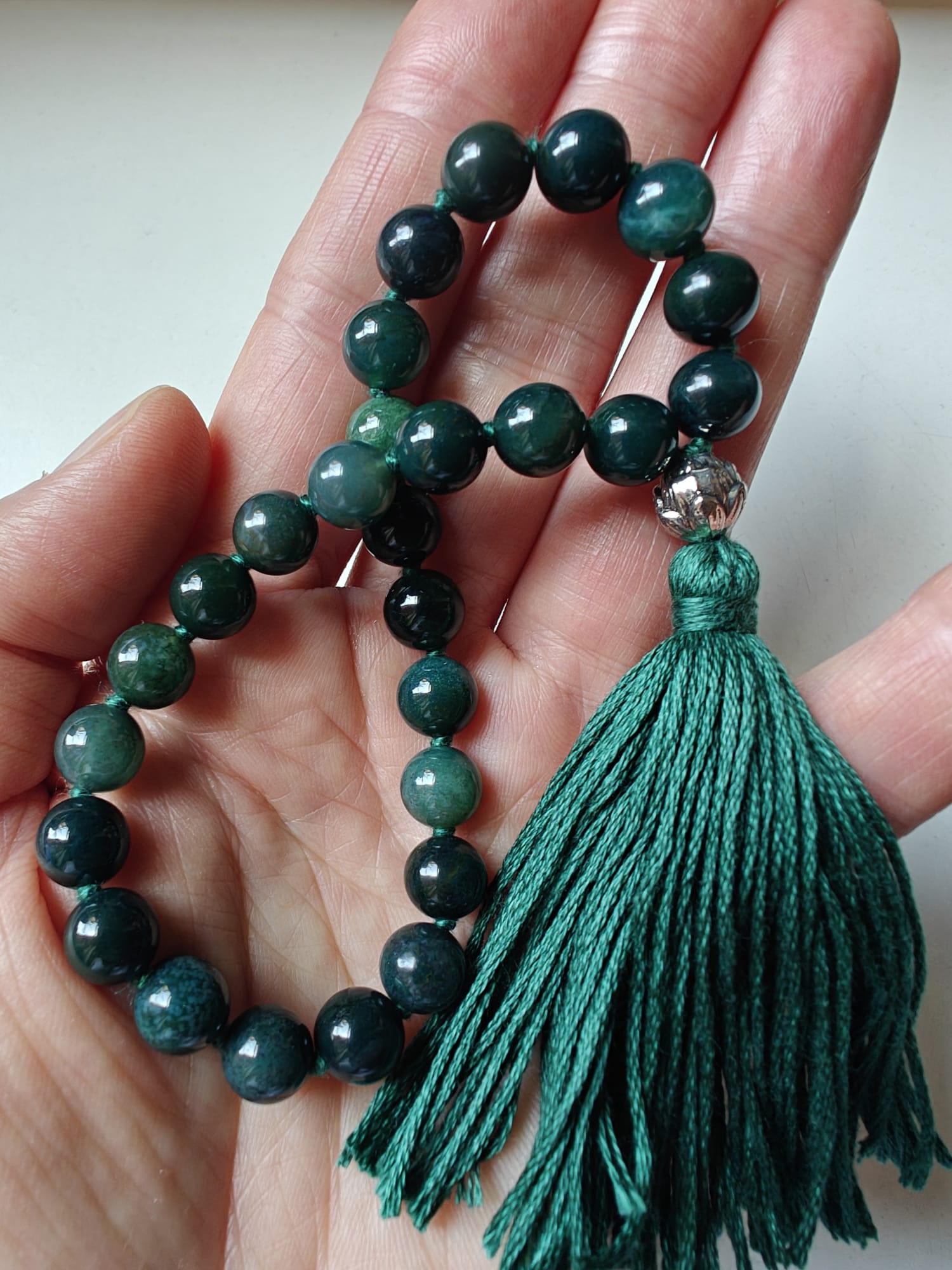 27 bead 8mm opaque Moss Agate Mala with Sterling Silver Lotus Guru Bead - Image 2