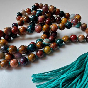 108 bead 8mm Ocean Jasper / Atlantis Stone / Cellular Jasper Mala on Bottle Green Thread