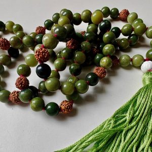 8mm Malaysian Olive Jade & Rudraksha Seed Mala with White Lotus Guru Bead