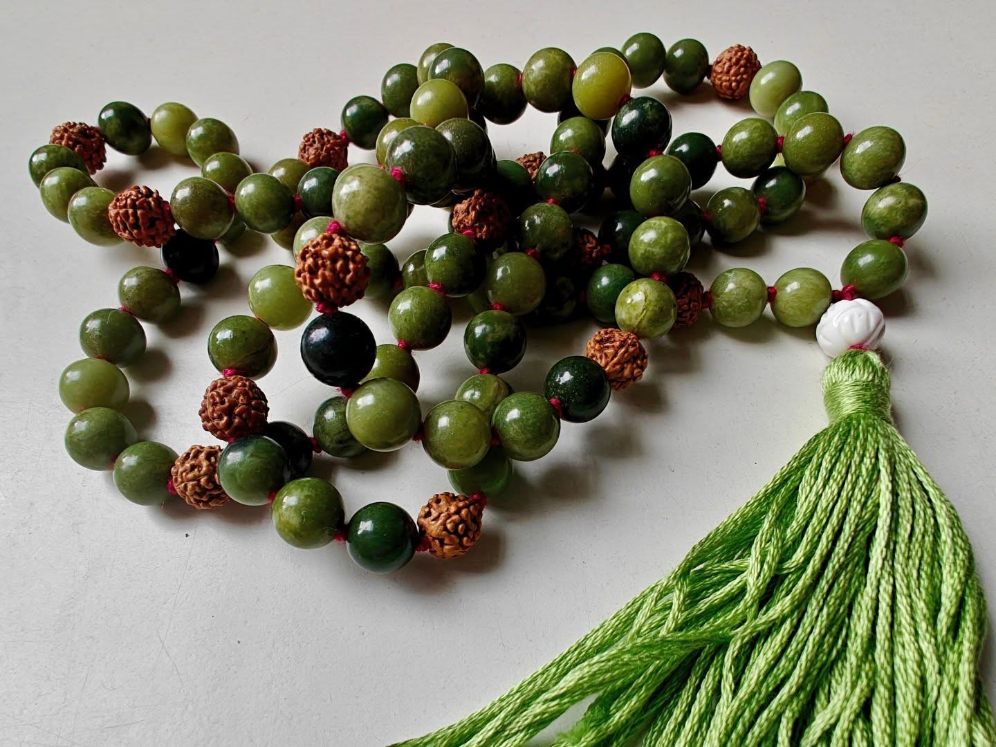 8mm Malaysian Olive Jade & Rudraksha Seed Mala with White Lotus Guru Bead