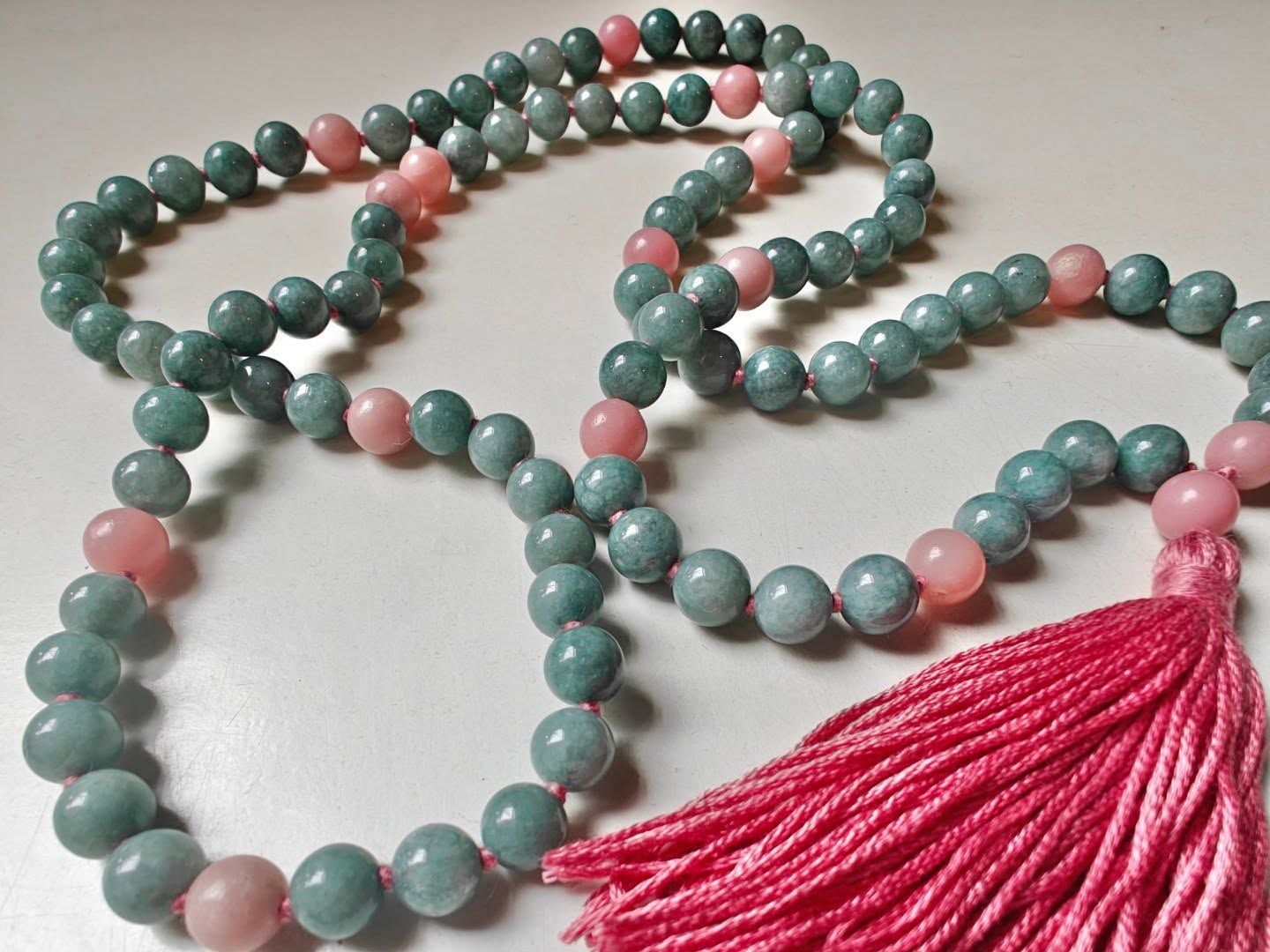 108 bead 8mm Burmese Jade & Pink Peruvian/Andean Opal Mala