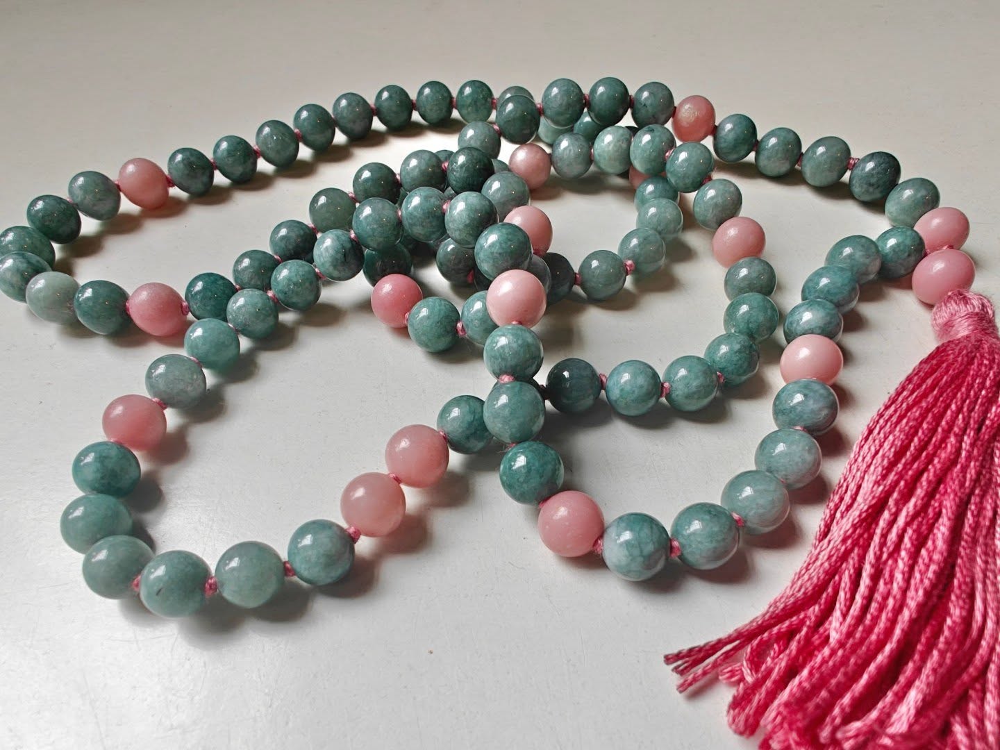 108 bead 8mm Burmese Jade & Pink Peruvian/Andean Opal Mala - Image 5