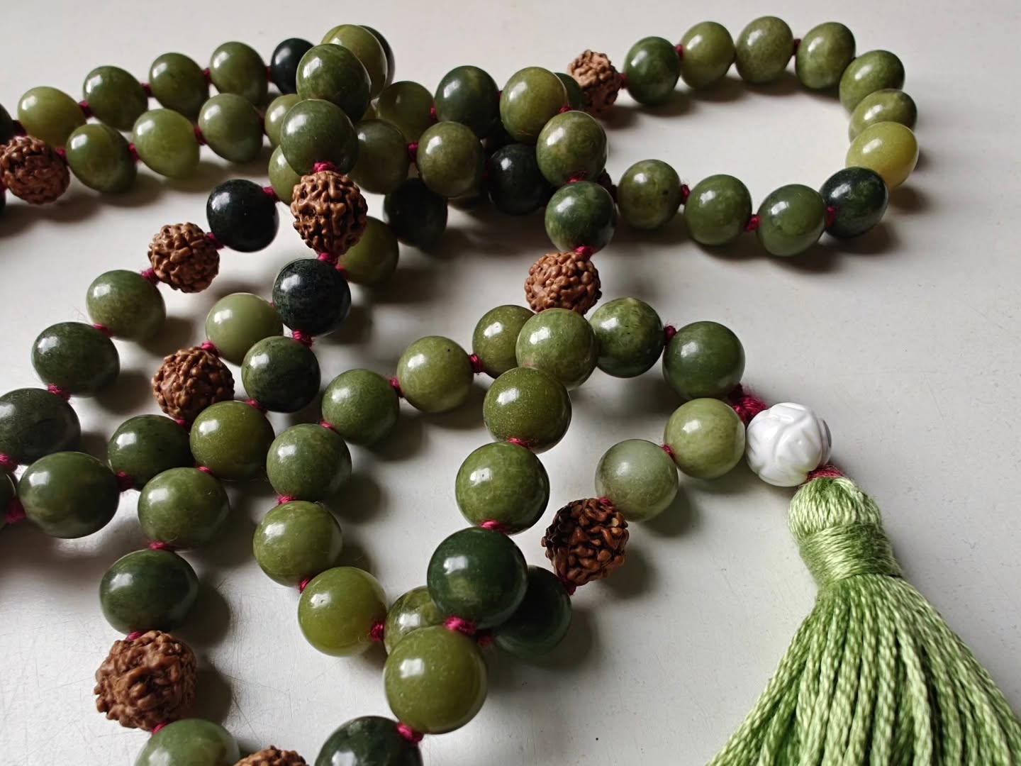 8mm Malaysian Olive Jade & Rudraksha Seed Mala with White Lotus Guru Bead - Image 2