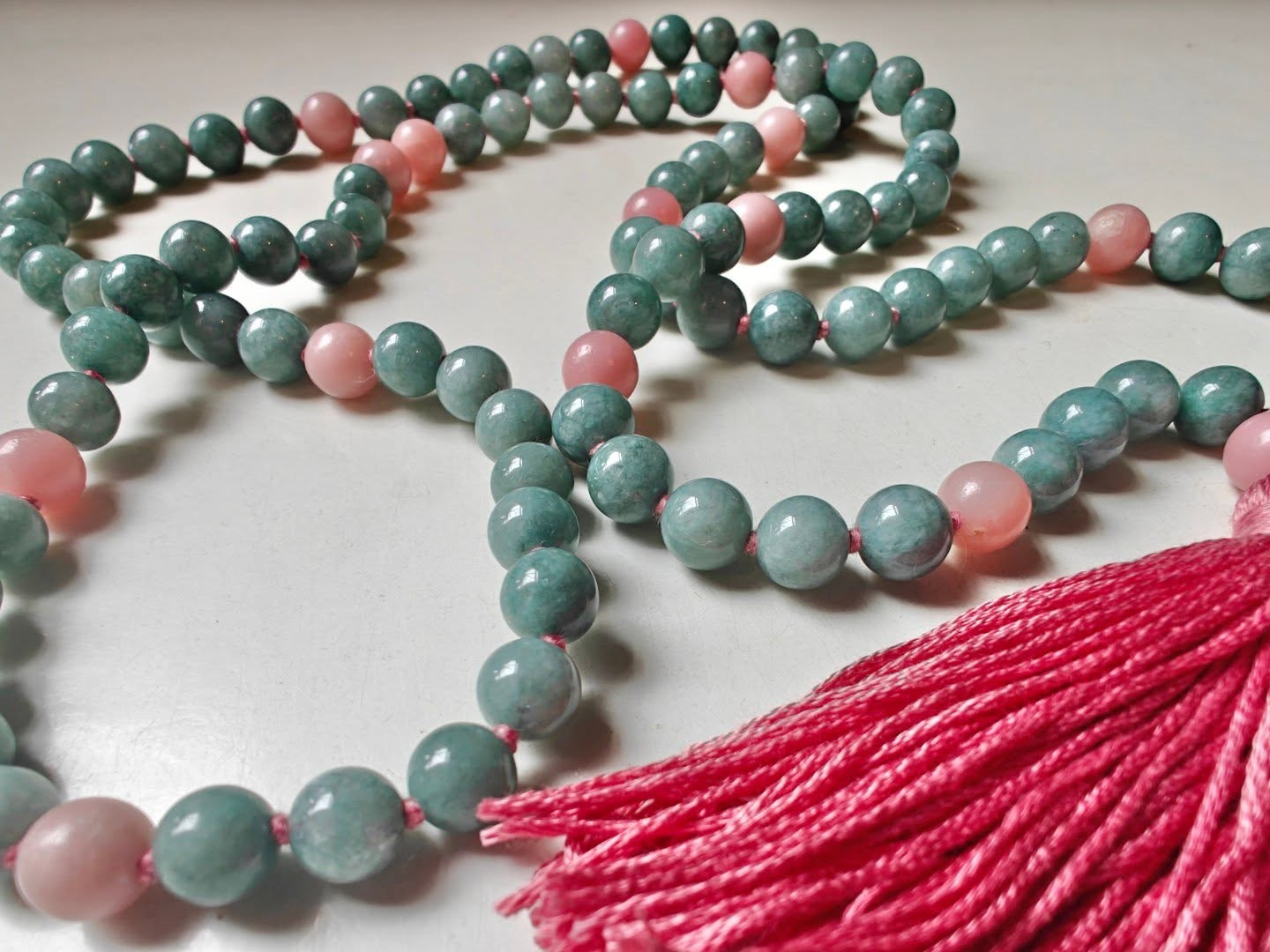 108 bead 8mm Burmese Jade & Pink Peruvian/Andean Opal Mala - Image 8