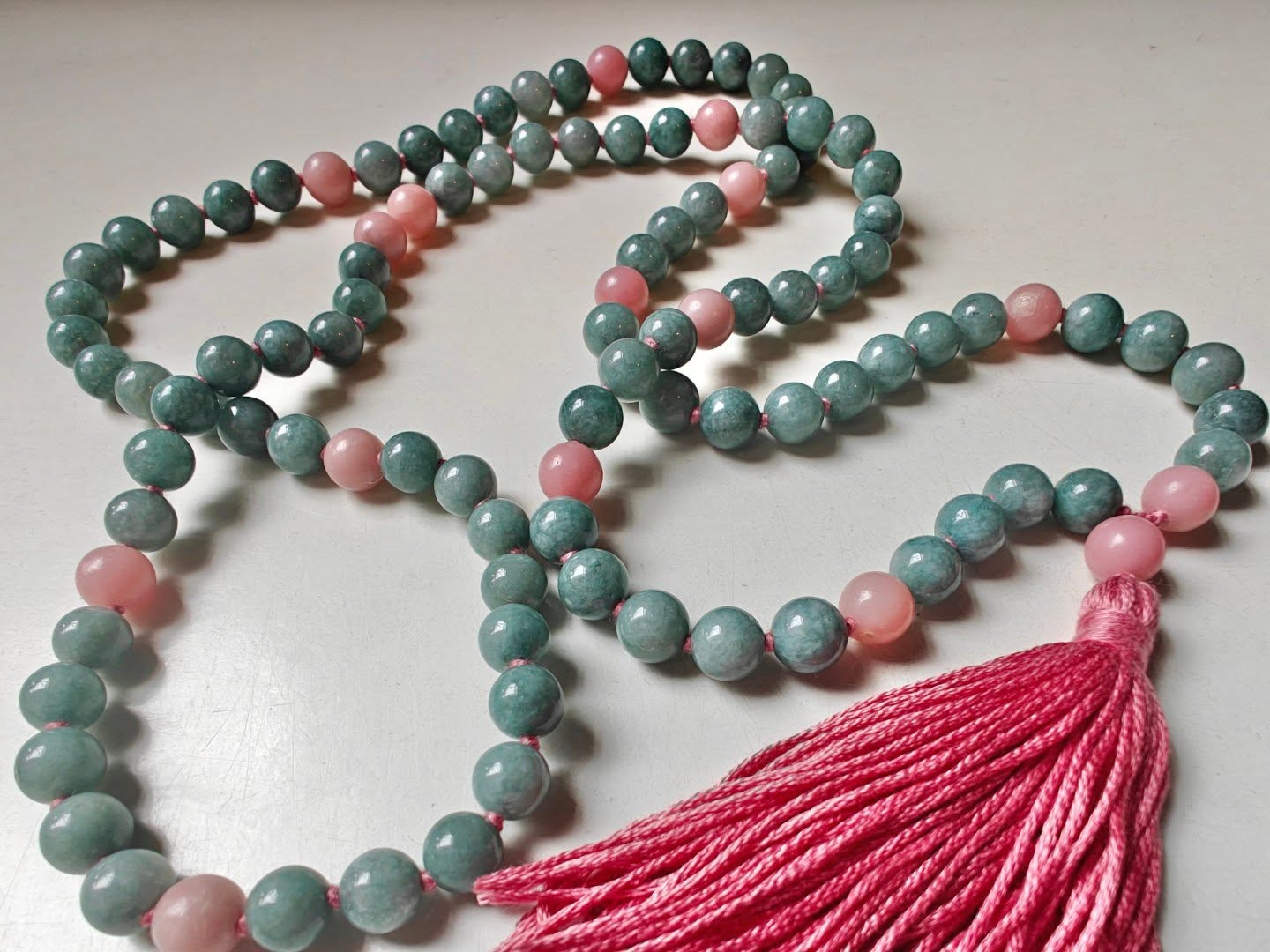 108 bead 8mm Burmese Jade & Pink Peruvian/Andean Opal Mala - Image 7