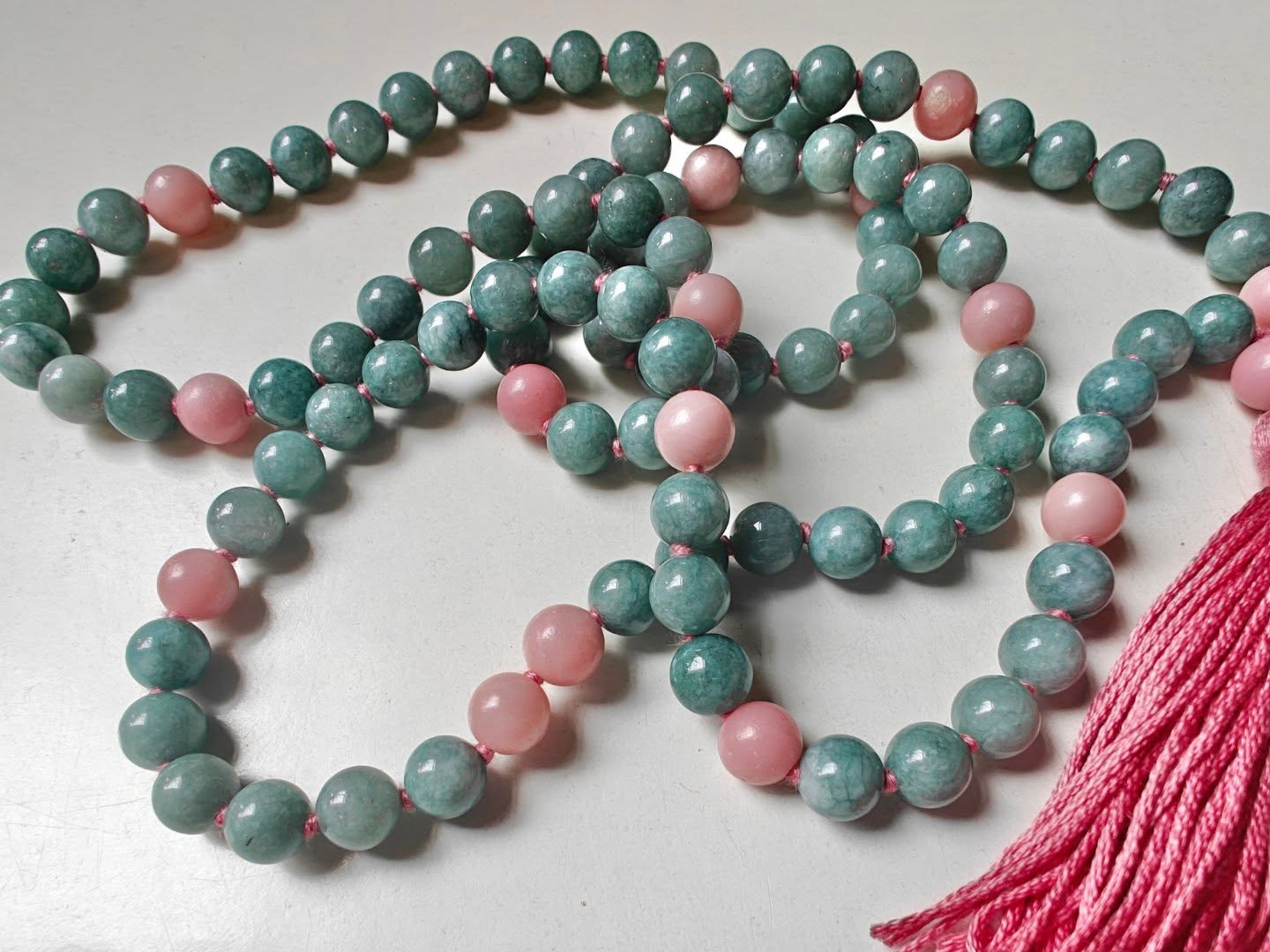 108 bead 8mm Burmese Jade & Pink Peruvian/Andean Opal Mala - Image 4