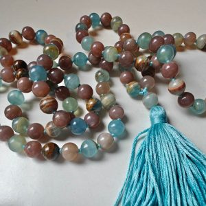 108 bead 8mm Argentina Blue Lemurian Aquatine Calcite & Peach Moonstone Mala