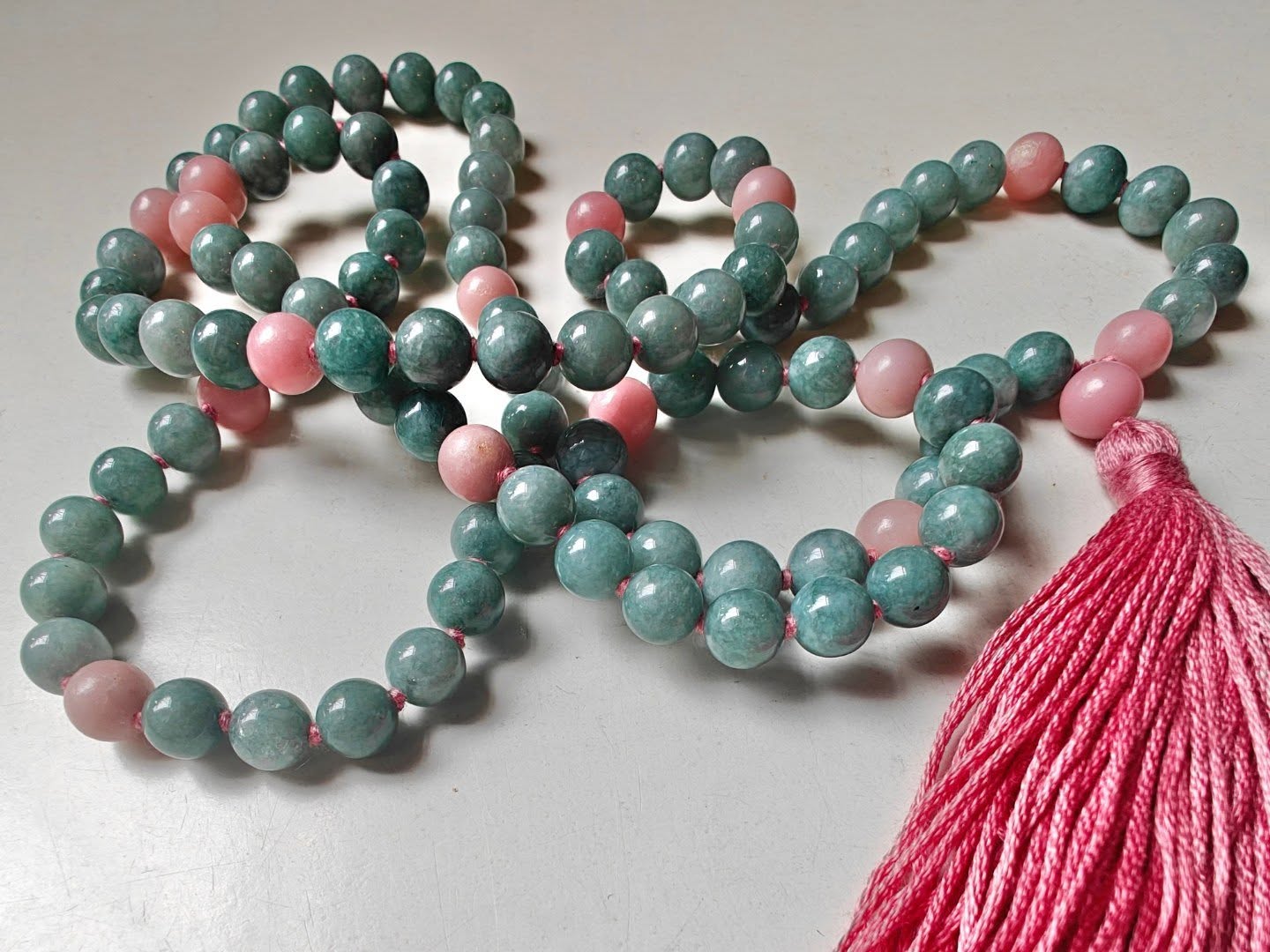 108 bead 8mm Burmese Jade & Pink Peruvian/Andean Opal Mala - Image 3