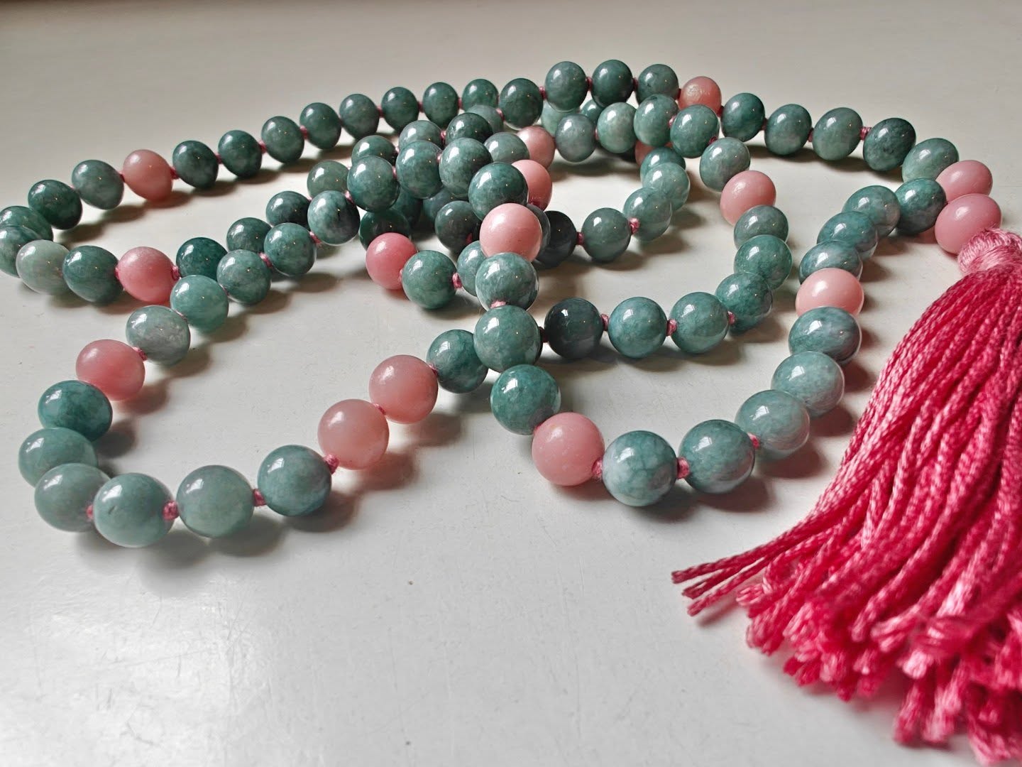 108 bead 8mm Burmese Jade & Pink Peruvian/Andean Opal Mala - Image 6