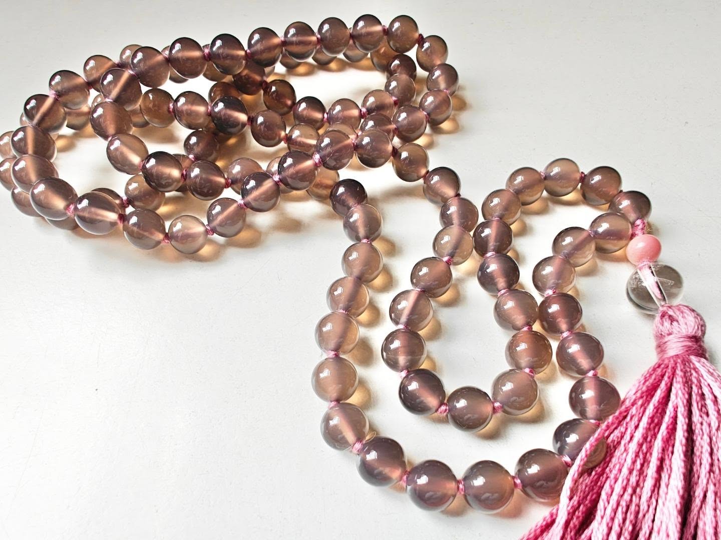 108 bead 8mm Grey Agate Mala with Pink Peruvian/Andean Opal & Clear Quartz Guru Beads - Image 8