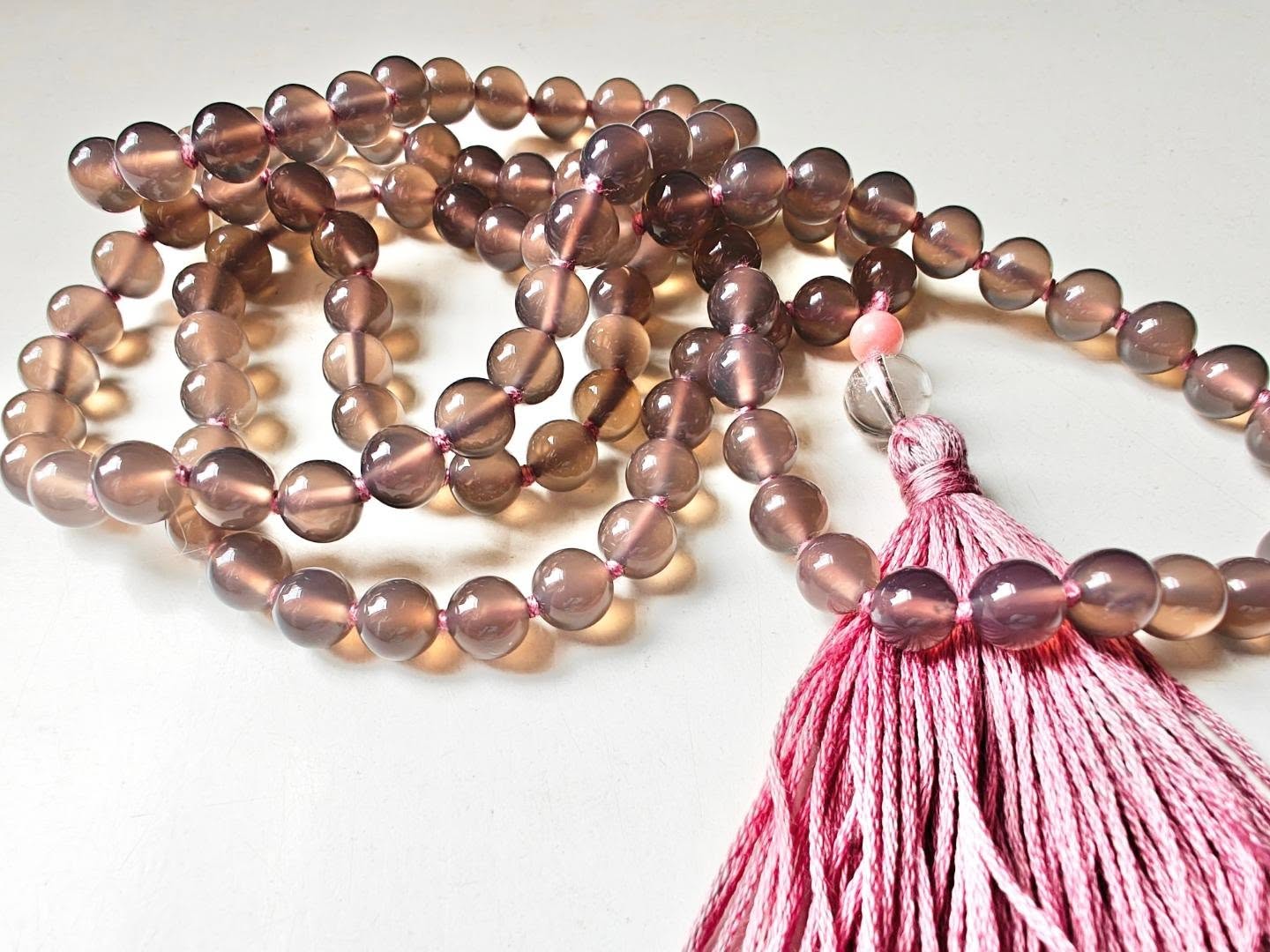 108 bead 8mm Grey Agate Mala with Pink Peruvian/Andean Opal & Clear Quartz Guru Beads - Image 6