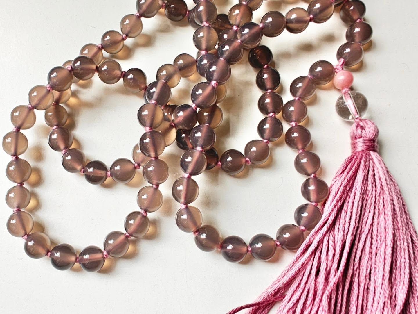 108 bead 8mm Grey Agate Mala with Pink Peruvian/Andean Opal & Clear Quartz Guru Beads - Image 5